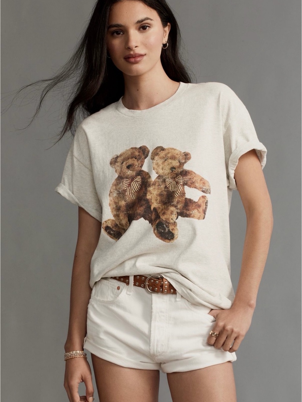 Anthropologie Cotton Short Sleeve Boyfriend Tee with Teddy Bear Print
